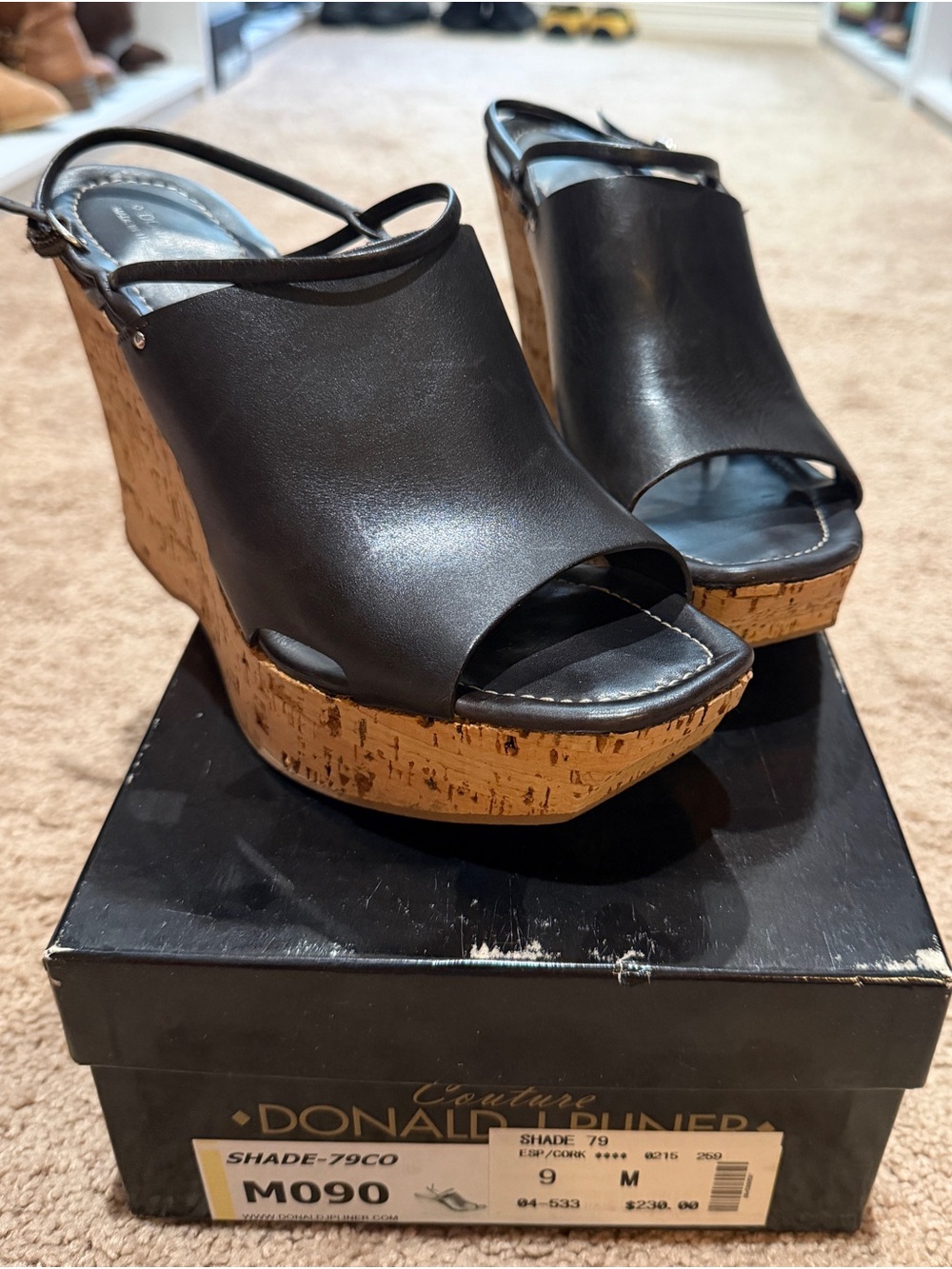 Donald J. Pliner Black Leather Cork Wedge Sandals